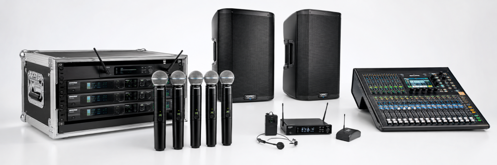 Professional audio rental equipment in Orlando with wireless microphones, powered speakers, mixer and receiver rack for meetings, trade shows and events.