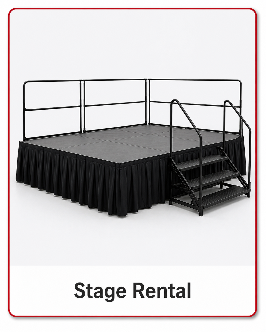 Stage & Staging Rental Orlando Stage and staging rental in Orlando with modular platform, black skirting, stairs and safety rails