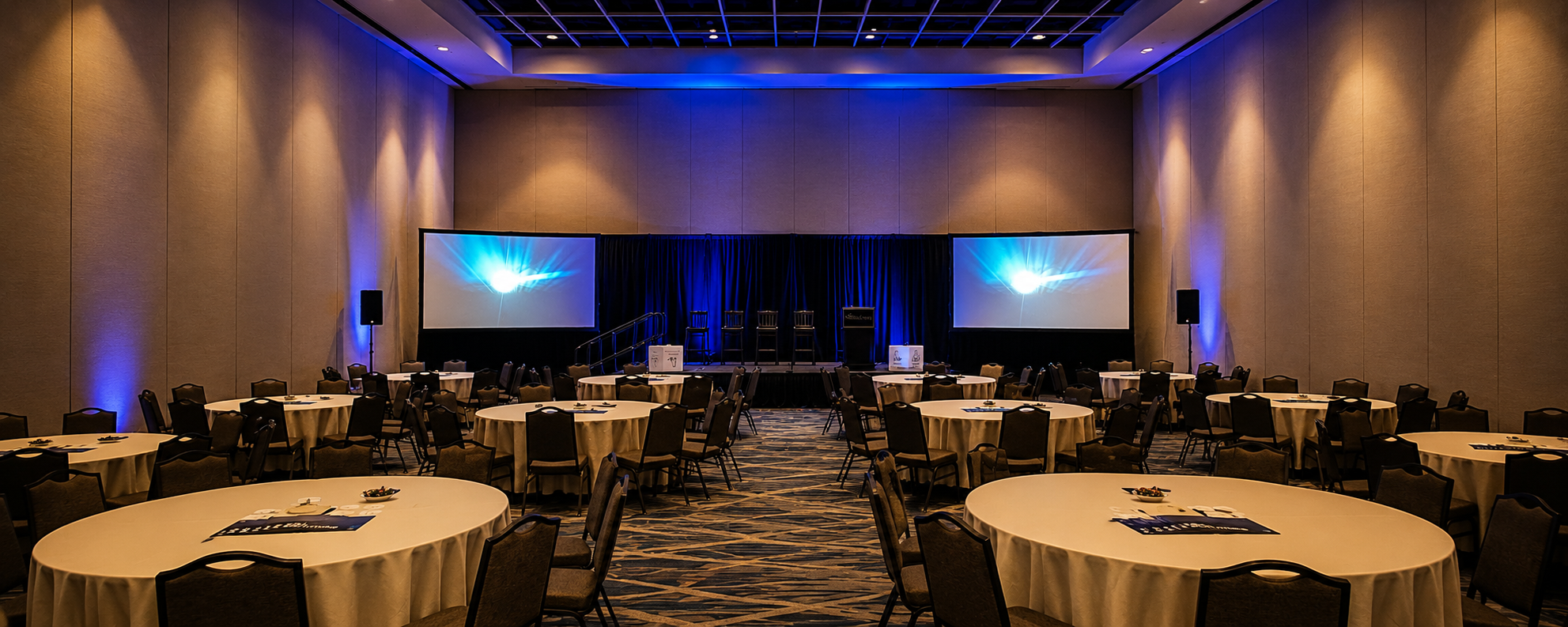 Corporate meeting AV rental setup in Orlando with dual projection screens, stage, speakers and presentation seating