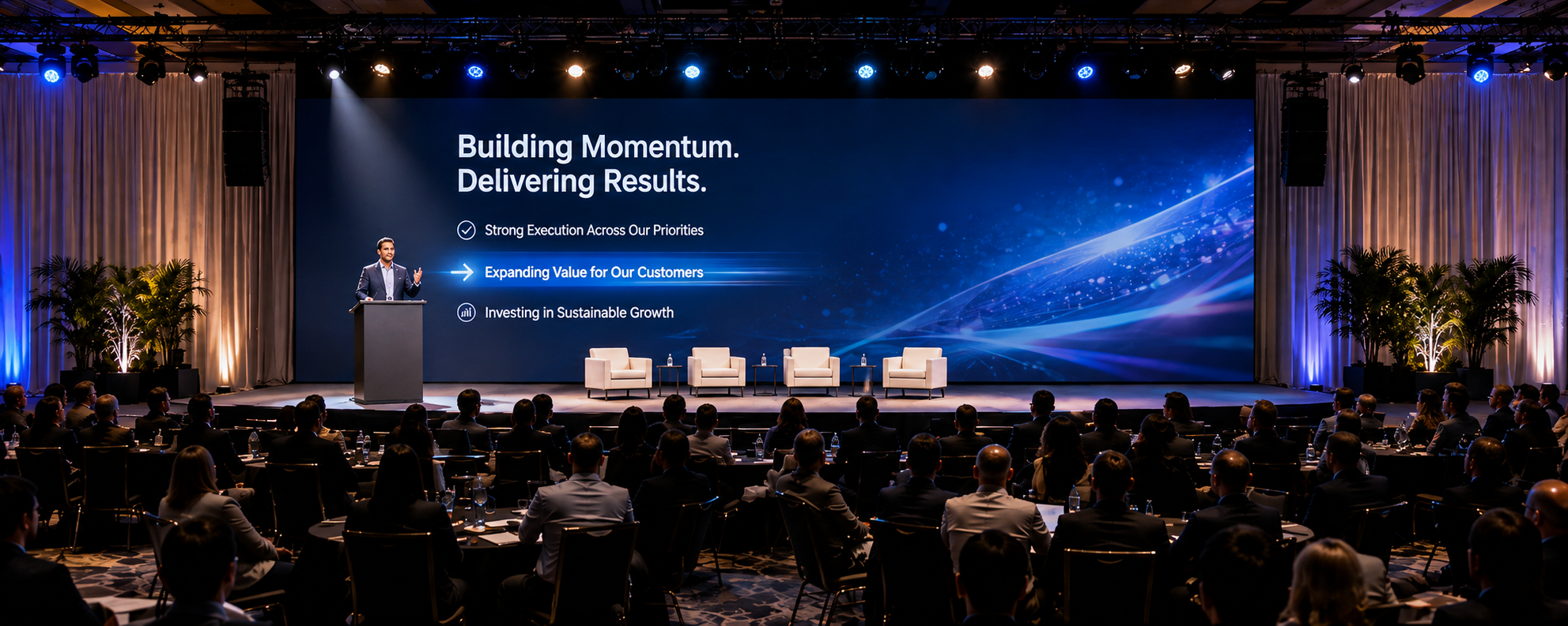 Corporate event AV production with keynote speaker, LED wall and stage lighting