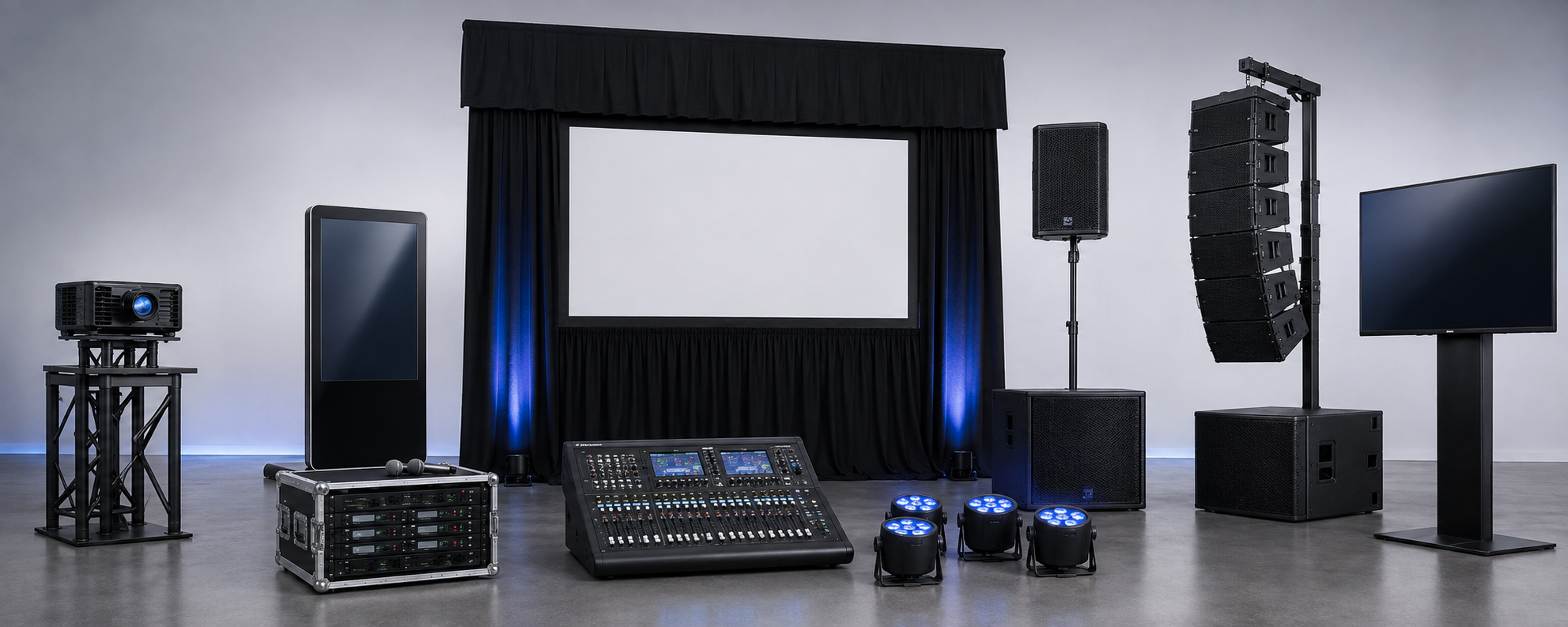 Professional AV equipment rental in Orlando including projector, screen, touch display, digital mixer, speakers and monitor stands